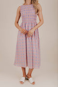 pink purple plaid smocked midi dress front