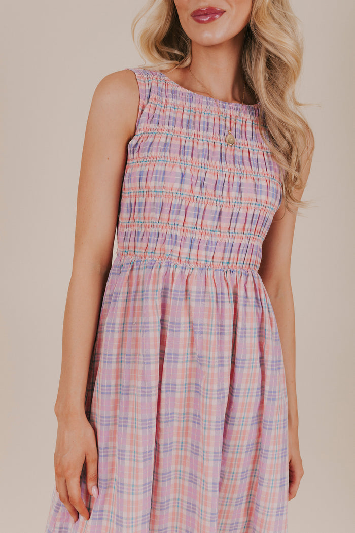 pink purple plaid smocked midi dress detail