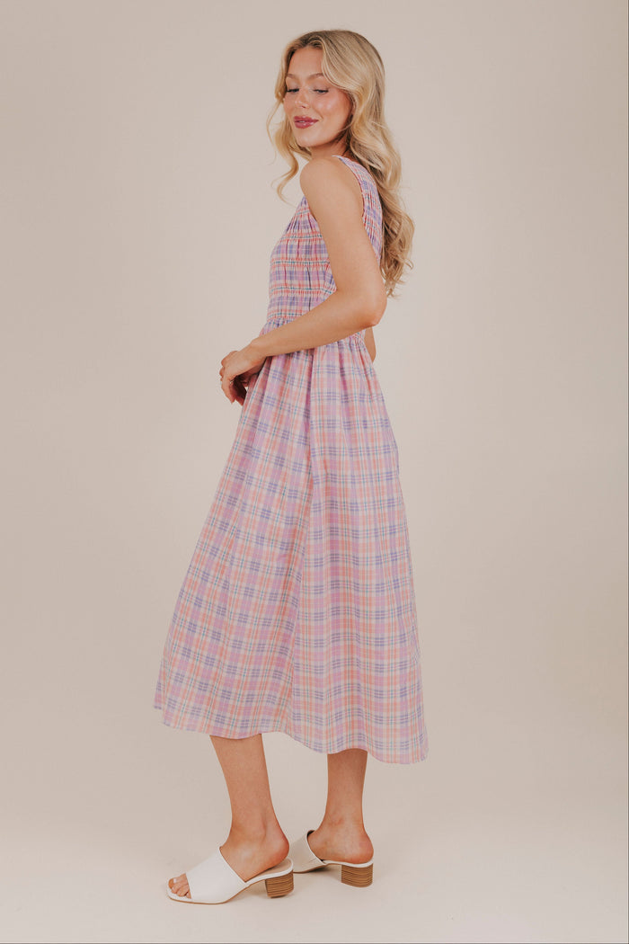 pink purple plaid smocked midi dress side