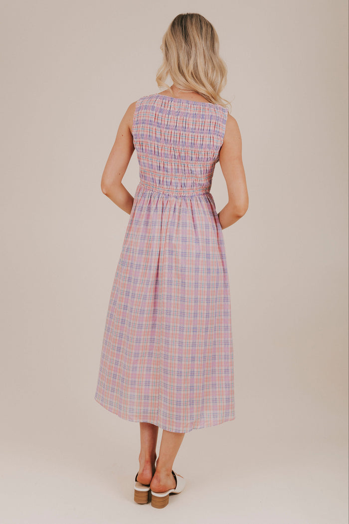 pink purple plaid smocked midi dress back