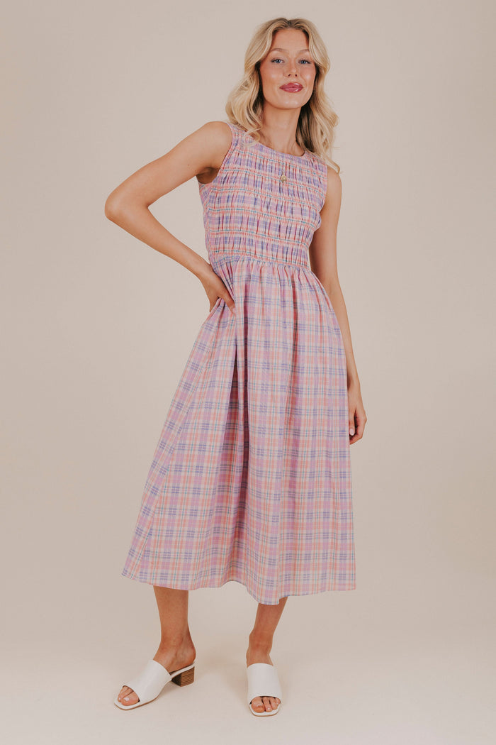 pink purple plaid smocked midi dress full