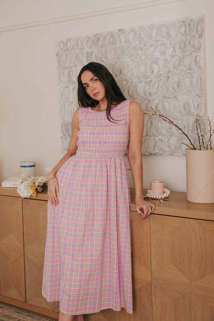 pink purple plaid smocked midi dress full model