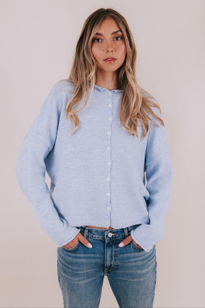 cardigan heather blue button rolled hem long sleeve model
