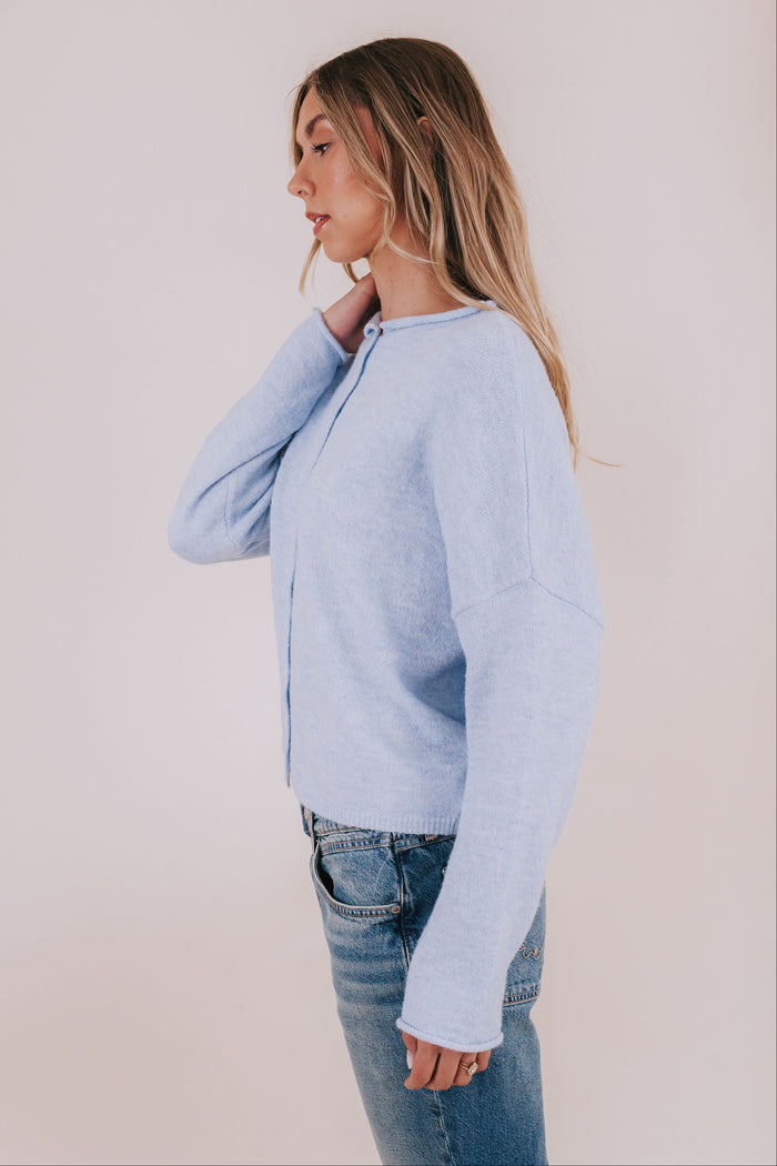 cardigan heather blue button rolled hem long sleeve side