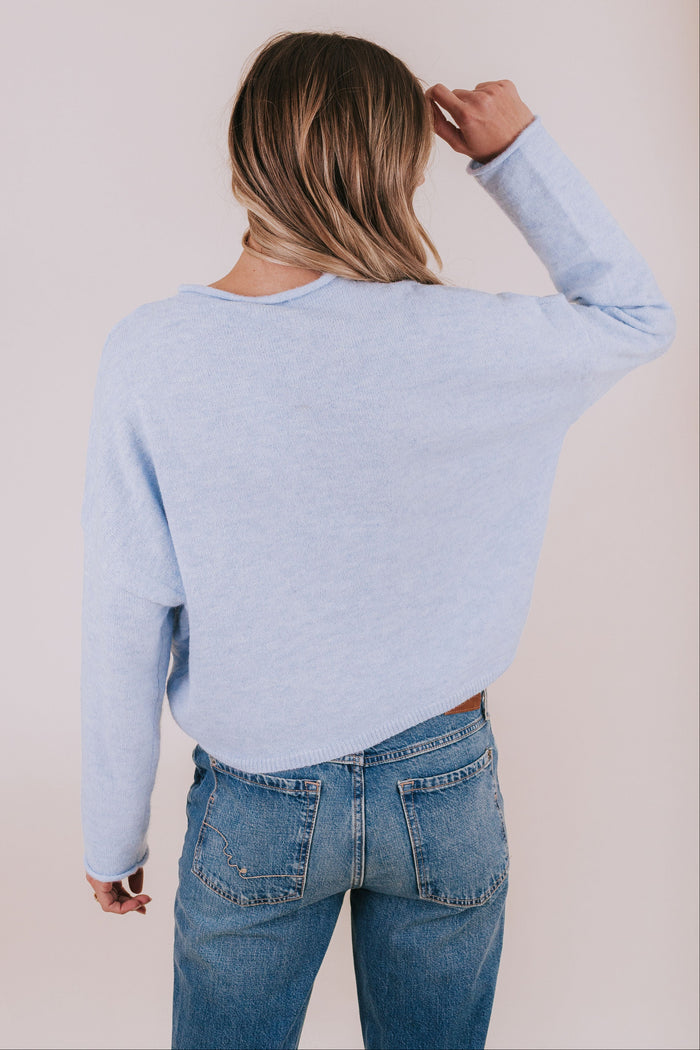 cardigan heather blue button rolled hem long sleeve back