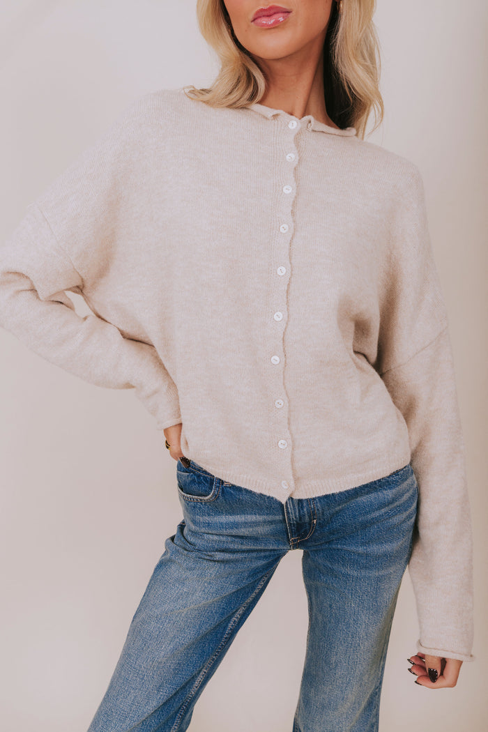 cardigan heather tan button rolled hem long sleeve front