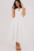 white midi dress with knot and keyhole