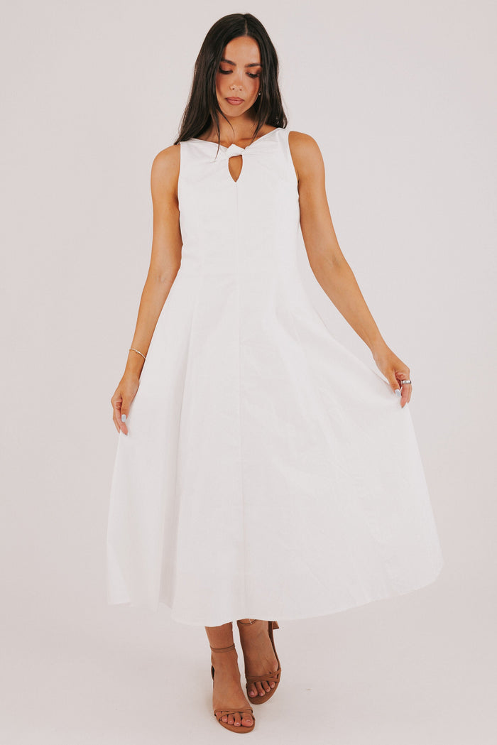 white midi dress with knot and keyhole full