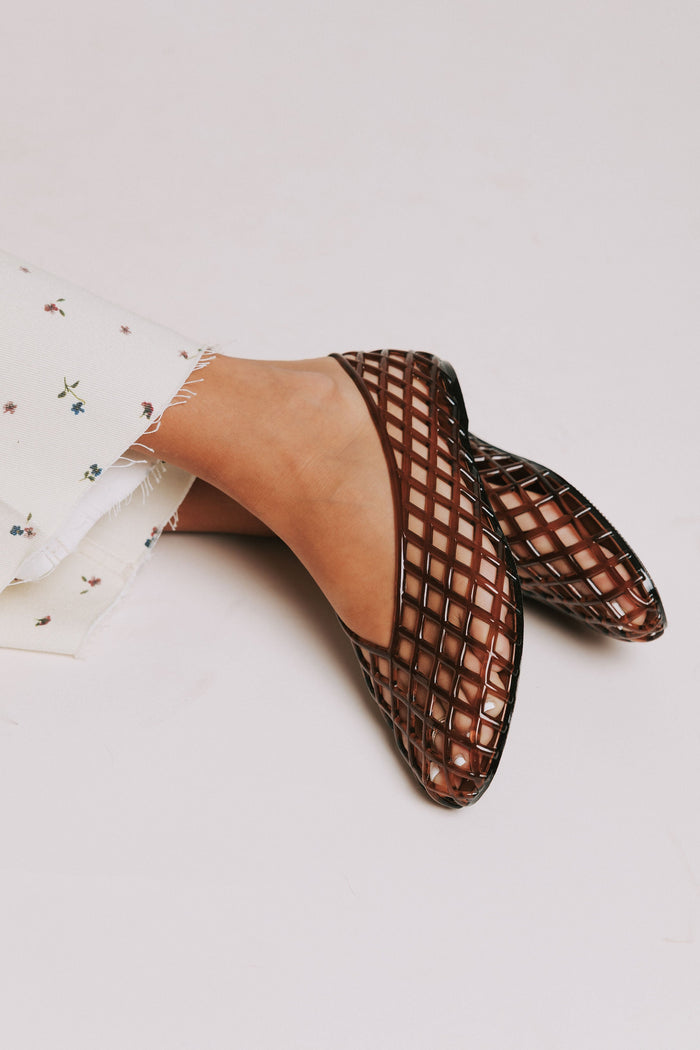 mia brown jelly flats side