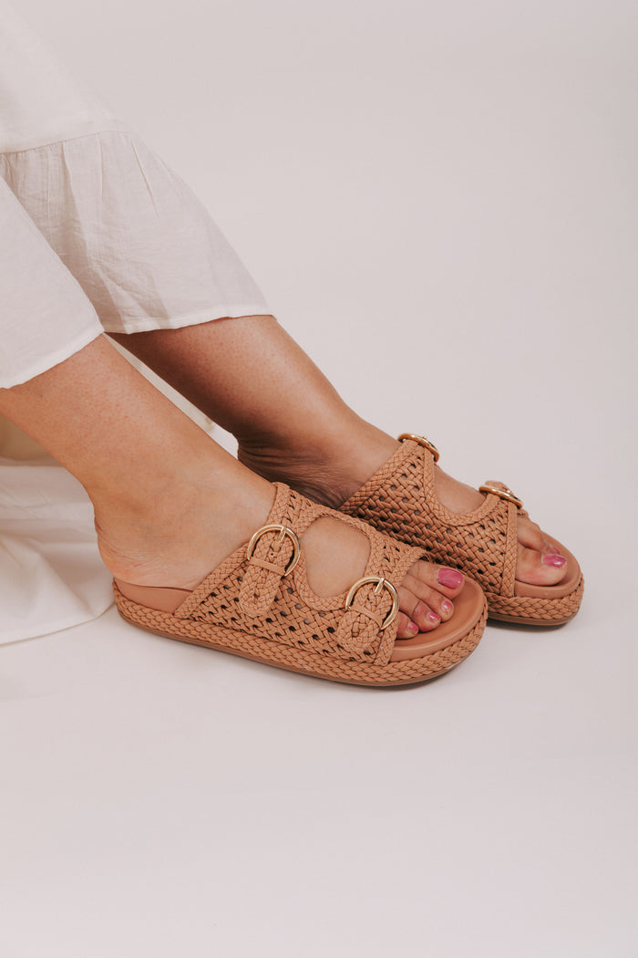 tan colored woven slide sandals gold buckles