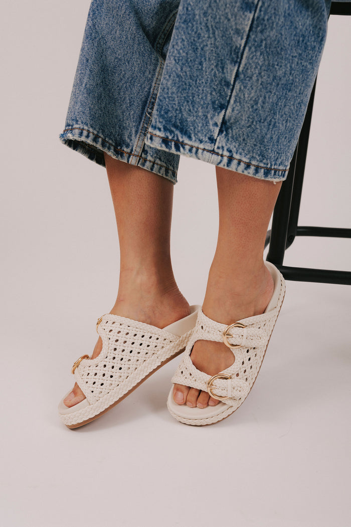bone colored woven slide sandals gold buckles