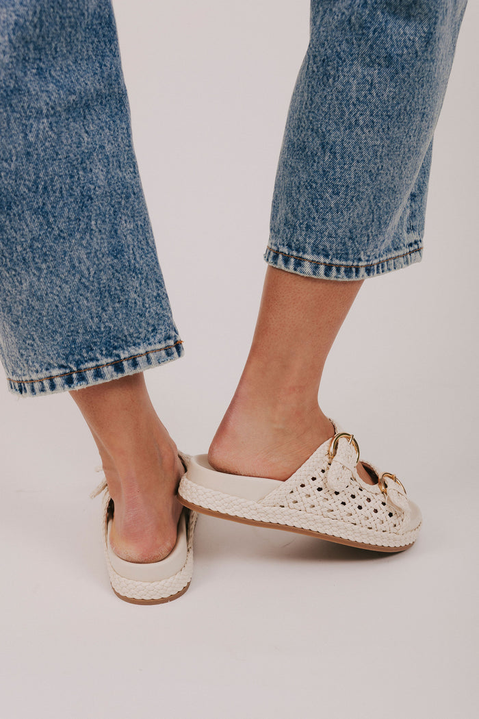 bone colored woven slide sandals gold buckles