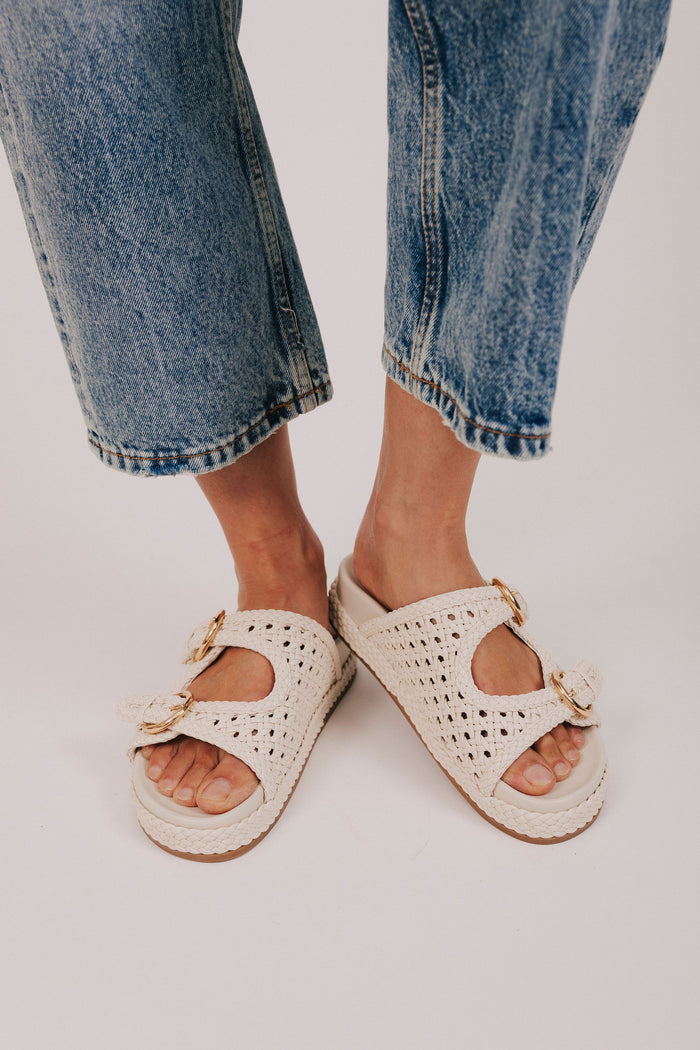 bone colored woven slide sandals gold buckles