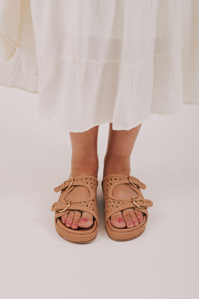 tan colored woven slide sandals gold buckles