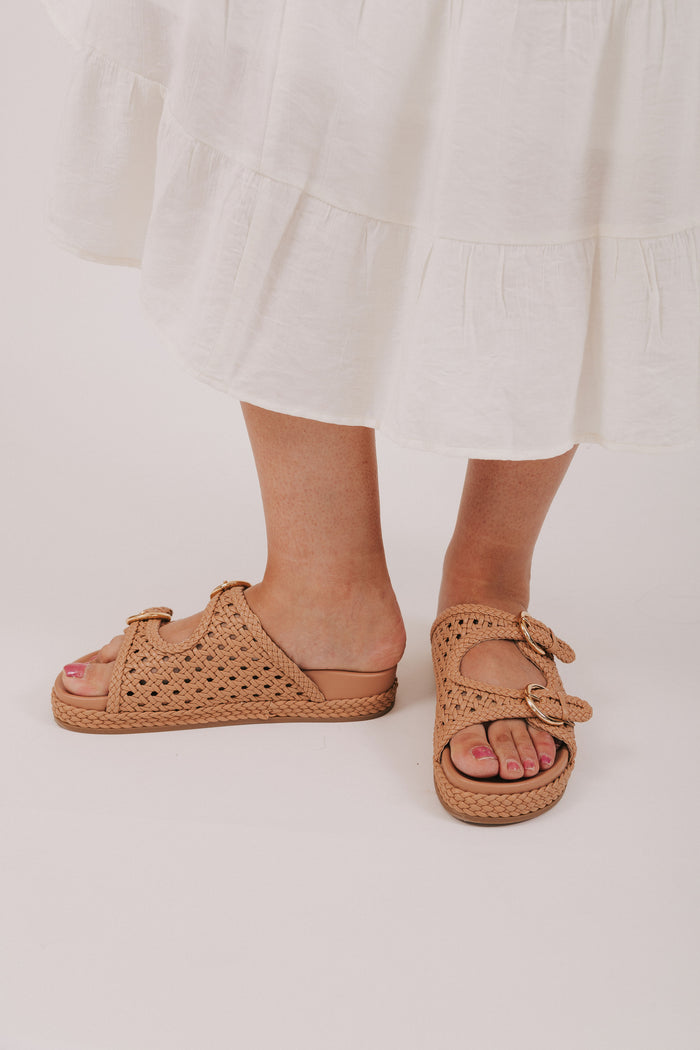 tan colored woven slide sandals gold buckles