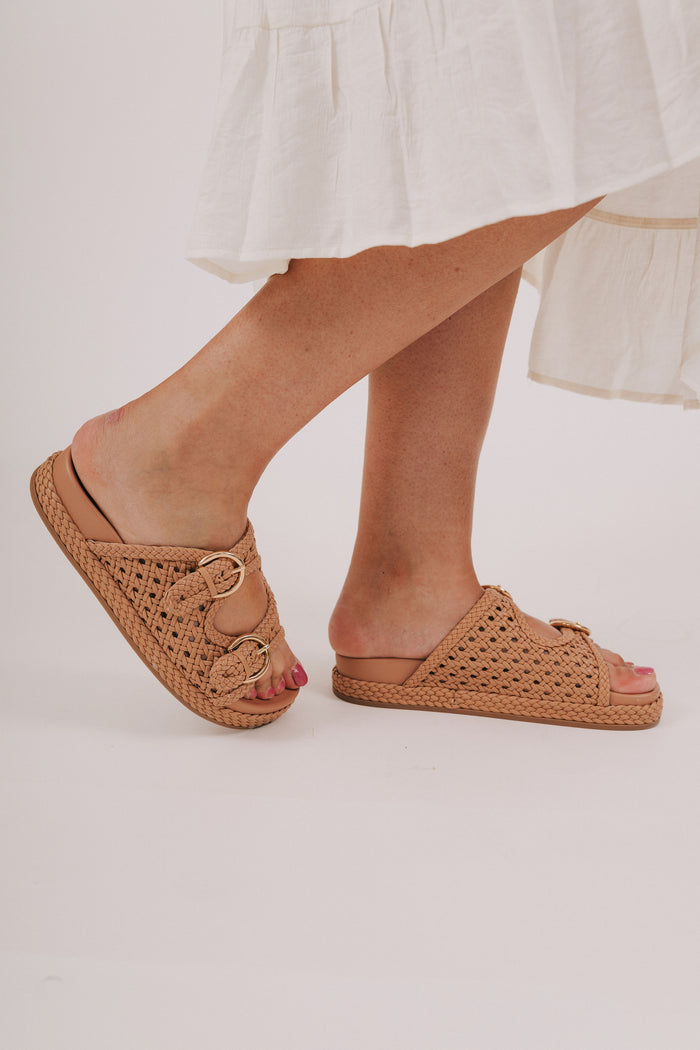 tan colored woven slide sandals gold buckles