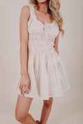 ivory floral eyelet lace smocked mini dress detail