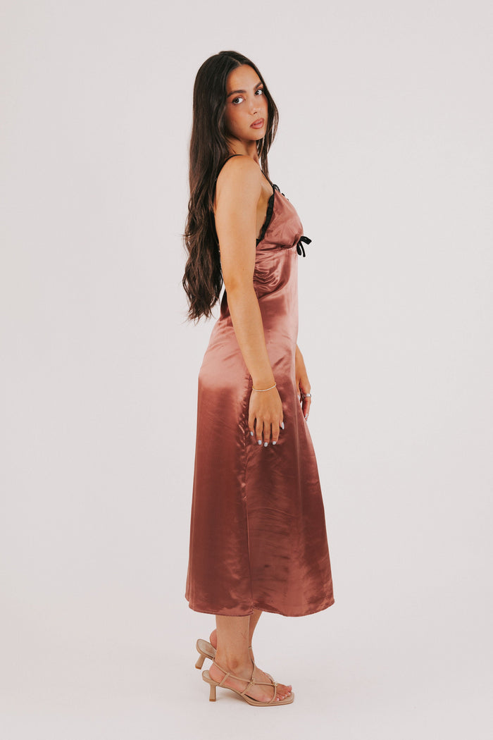 clay satin slip dress with sheer lace on neckline side