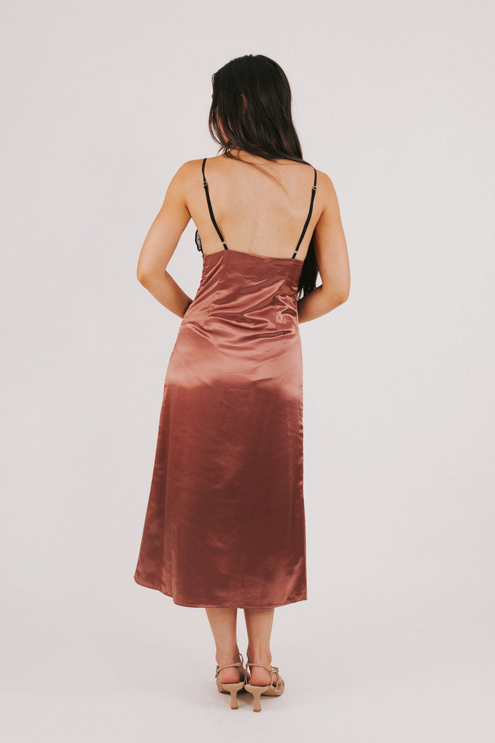 clay satin slip dress with sheer lace on neckline back