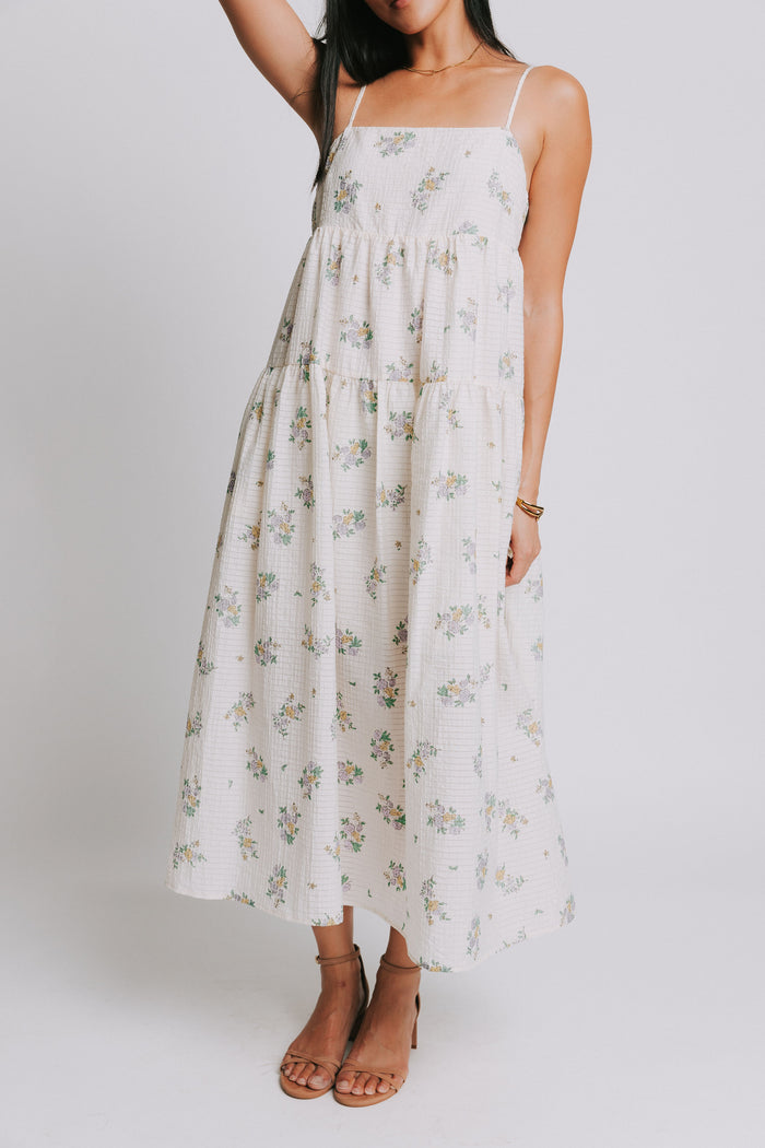 ivory floral spaghetti strap square neck dress
