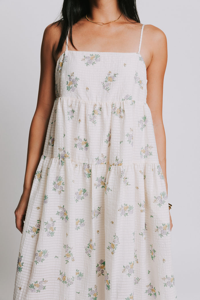 ivory floral spaghetti strap square neck dress