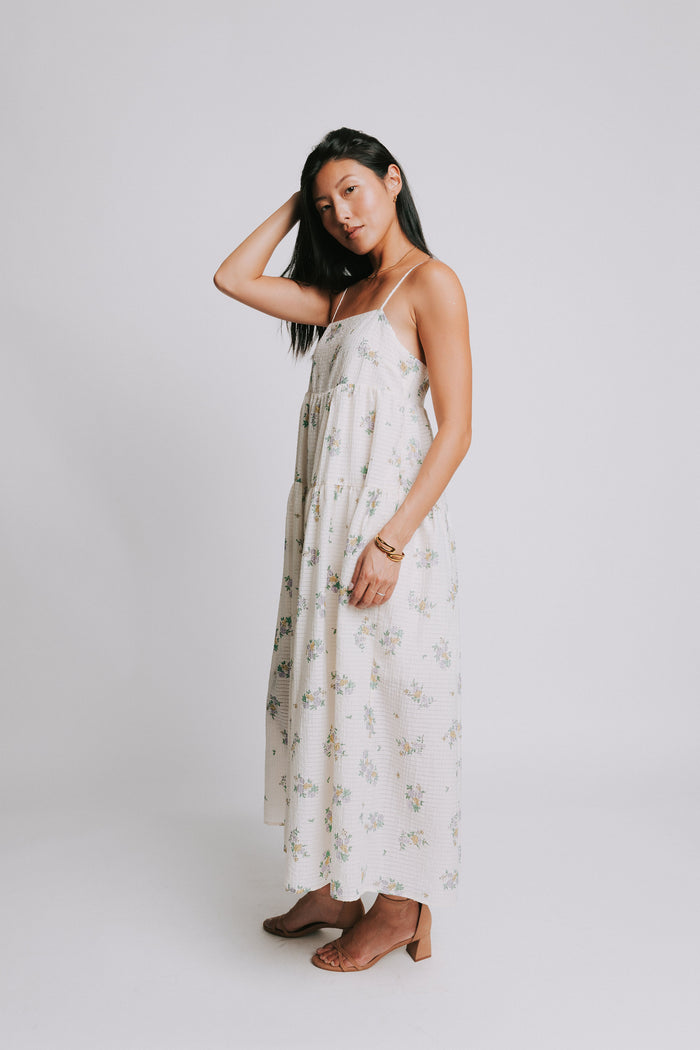 ivory floral spaghetti strap square neck dress side