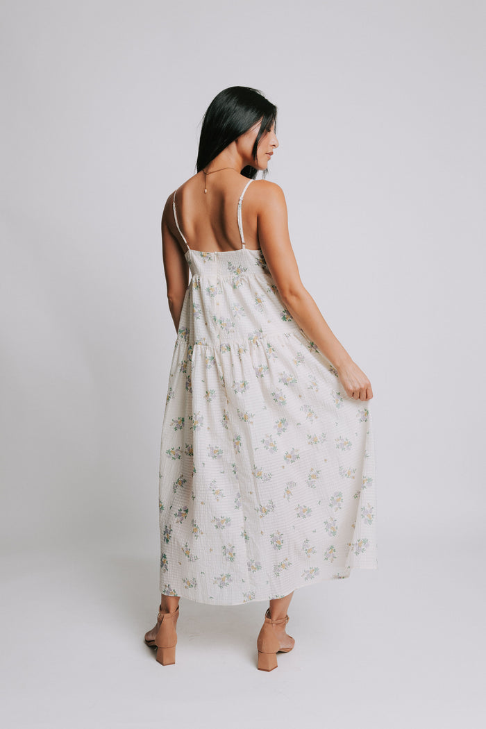 ivory floral spaghetti strap square neck dress back