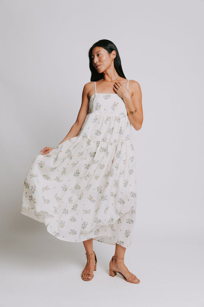 ivory floral spaghetti strap square neck dress pose