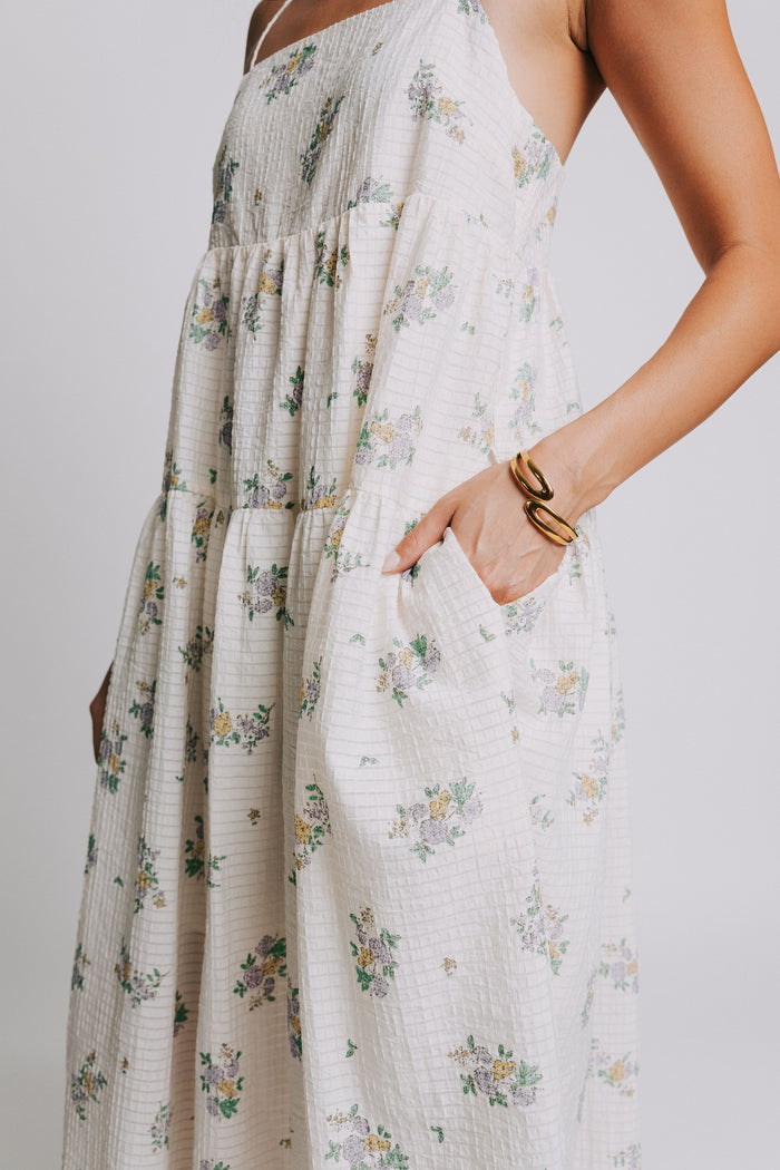 ivory floral spaghetti strap square neck dress side close