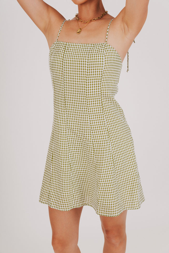 green and white gingham mini dress close