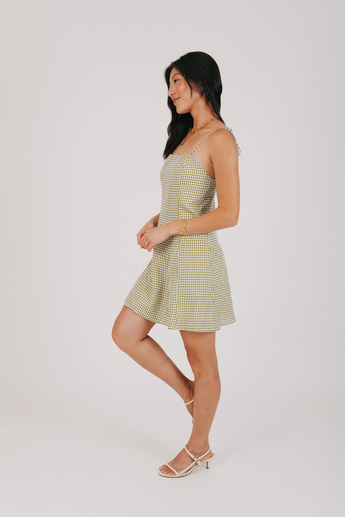 green and white gingham mini dress side