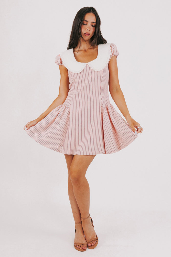 pink striped mini dress with white collar and puff sleeves full
