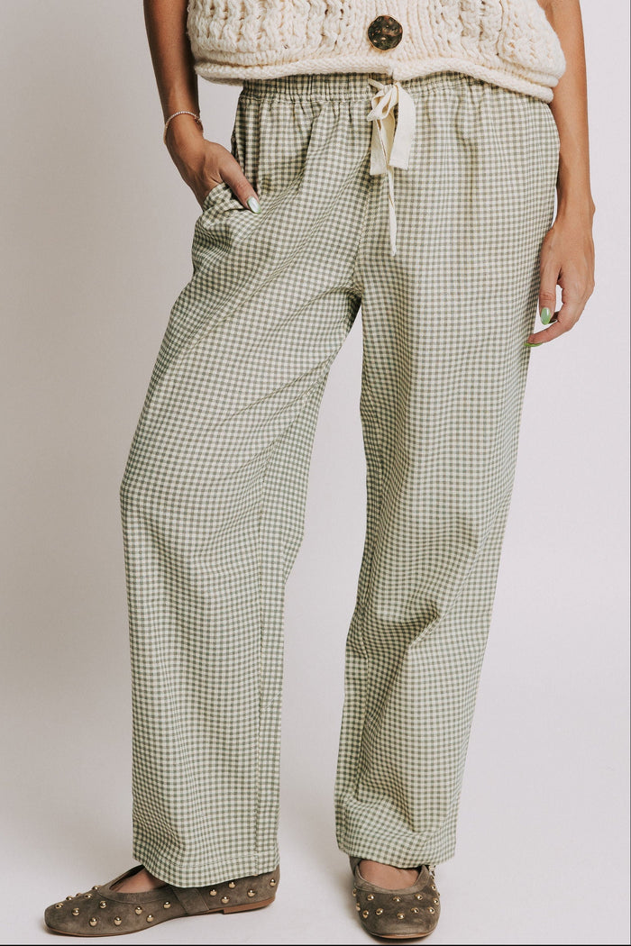 gingham straight leg pants with waist tie front