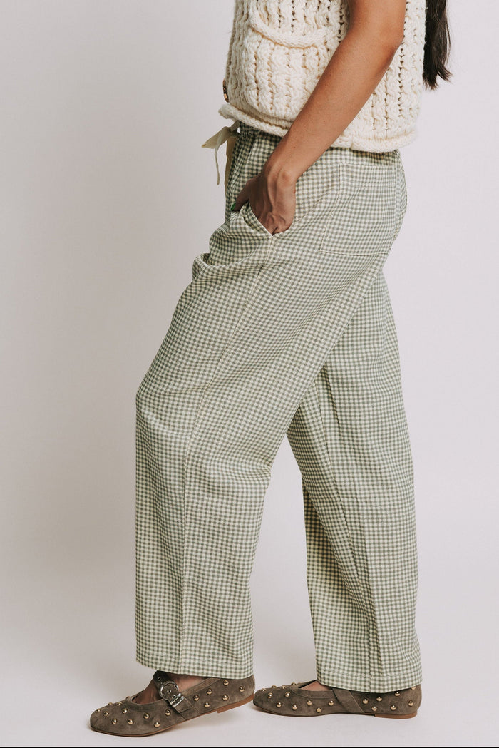 gingham straight leg pants with waist tie side