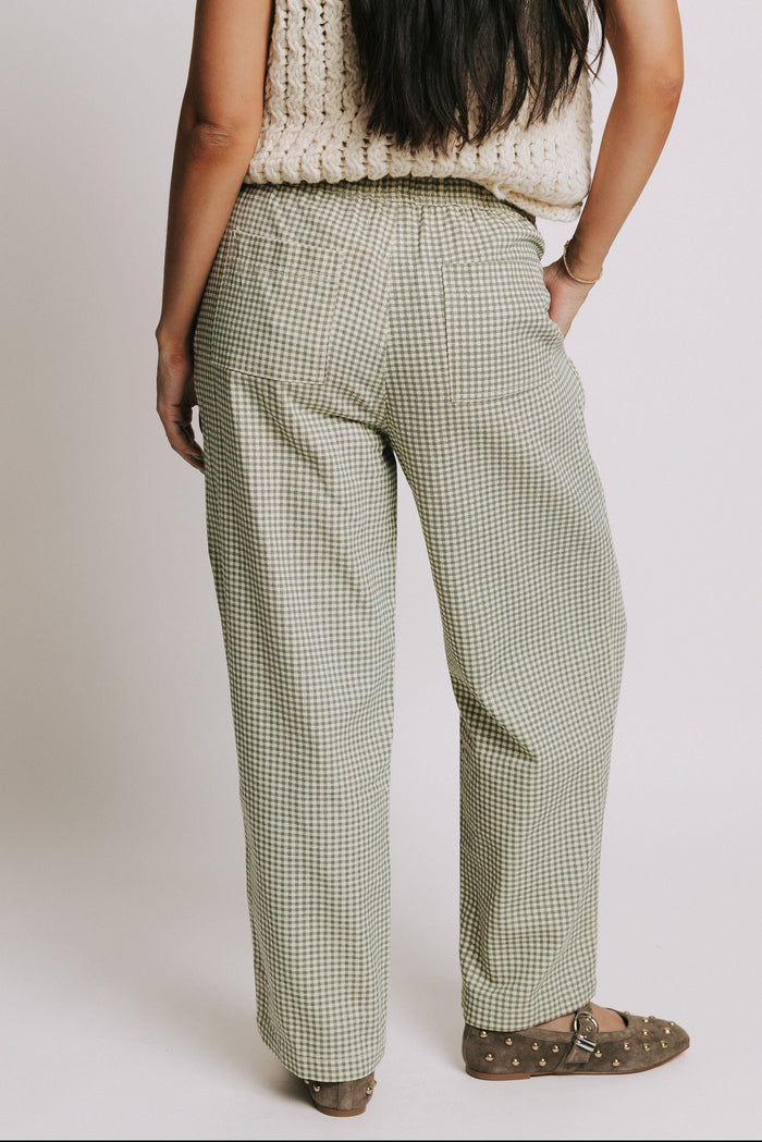 gingham straight leg pants with waist tie back