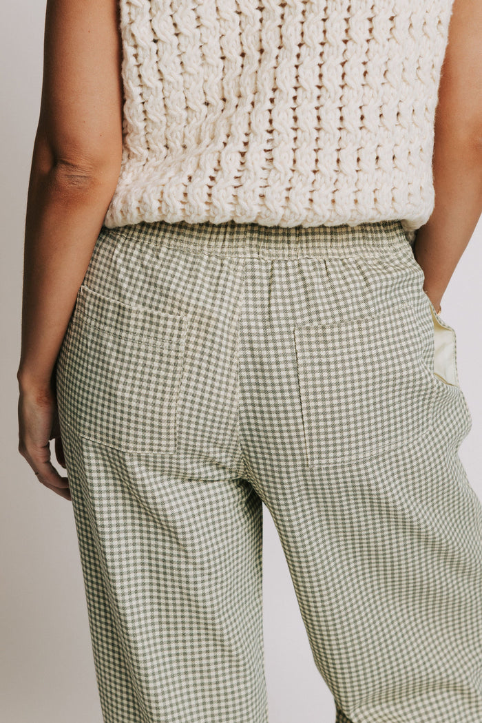 gingham straight leg pants with waist tie back close