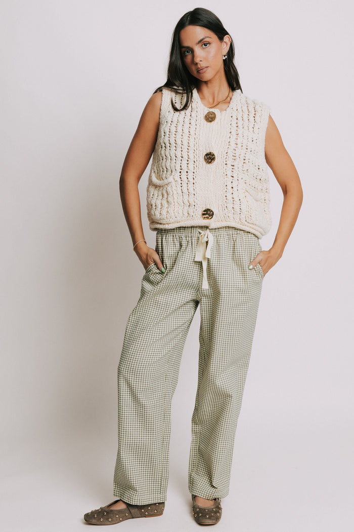 gingham straight leg pants with waist tie