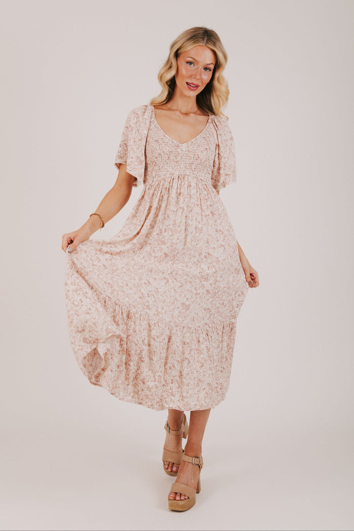pink floral dress with wide sleeves