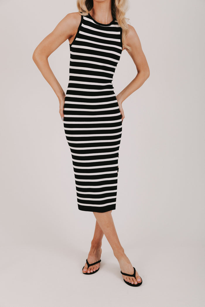 black and white striped fitted dress
