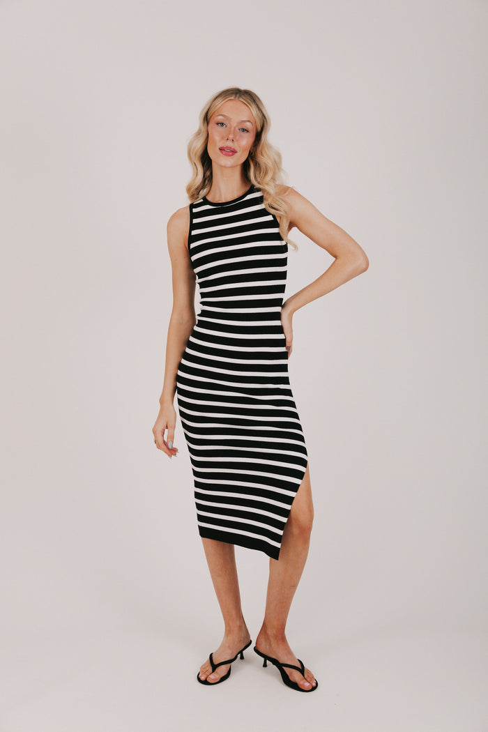 black and white striped fitted dress