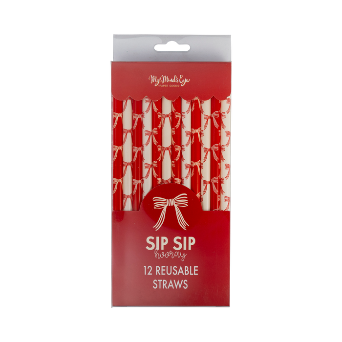 Pack of reusable straws with red packaging featuring a bow design by my minds eye.