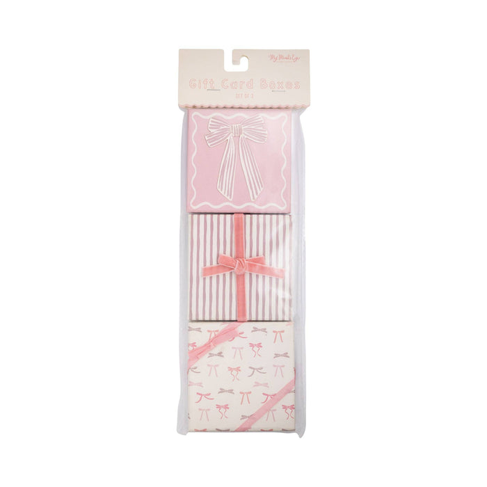 Set of gift card boxes with pink bow designs.