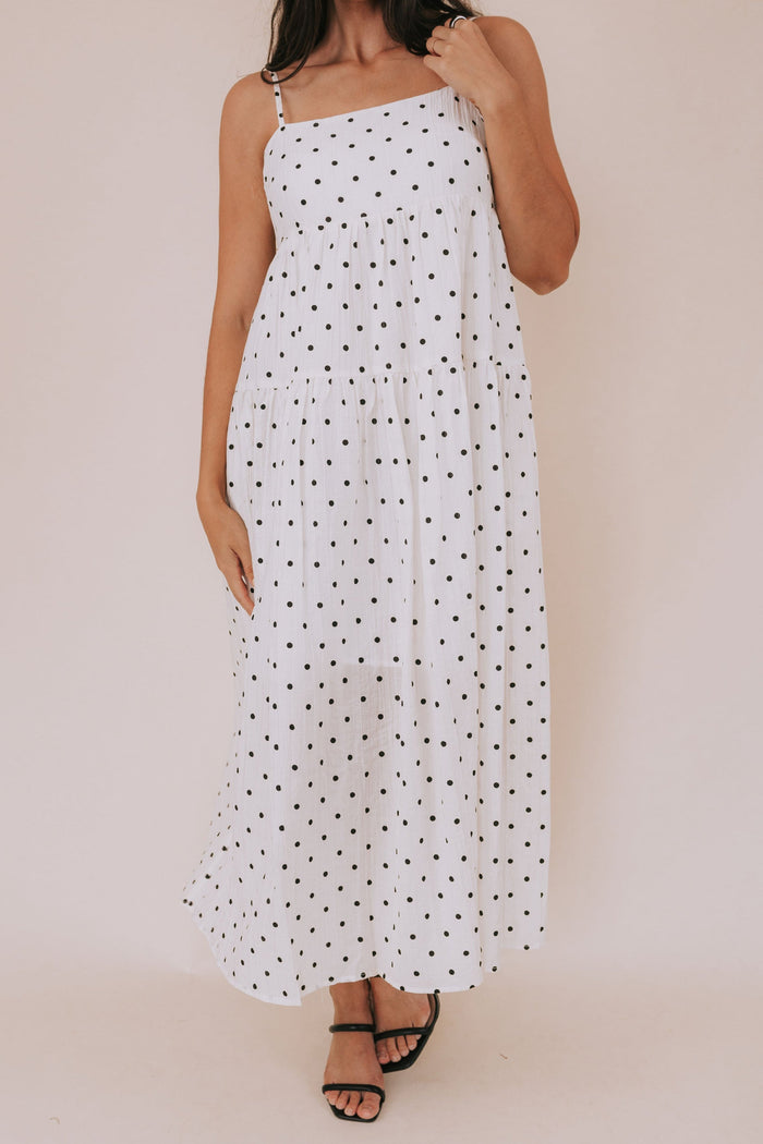 Cream midi/maxi dress with black polka dots. Tiers, pockets, lined, spaghetti straps
