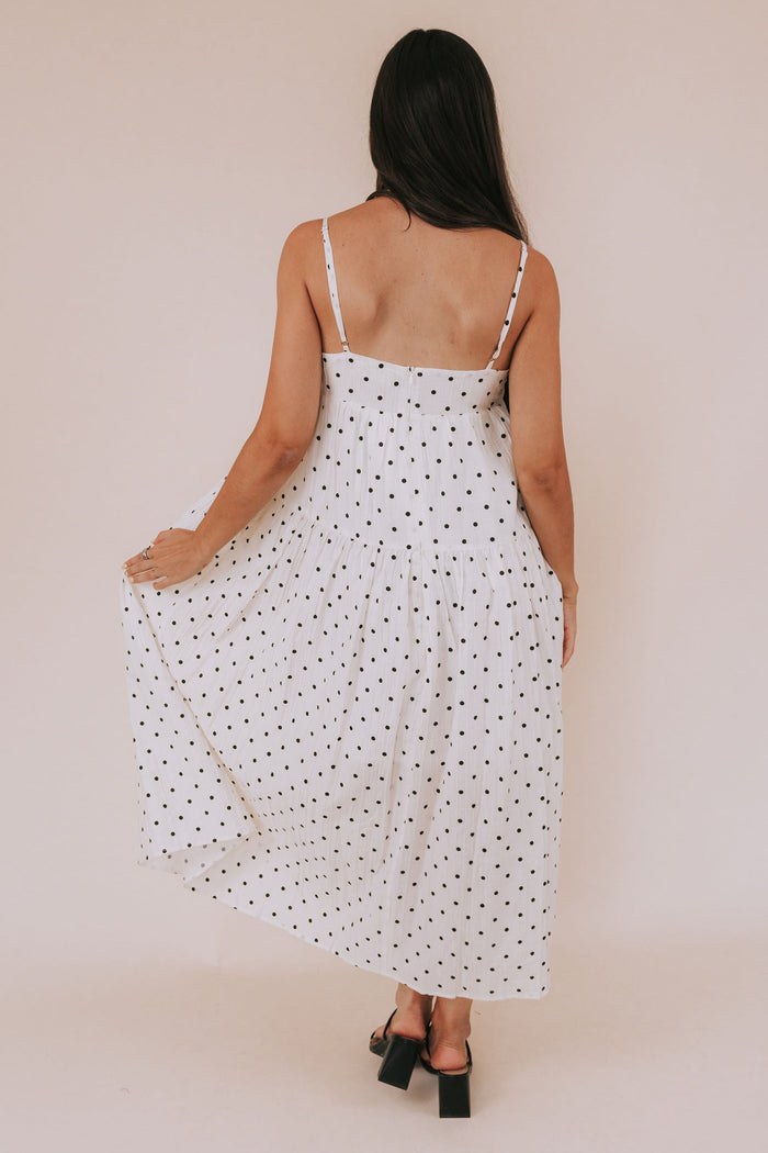 Cream midi/maxi dress with black polka dots. Tiers, pockets, lined, spaghetti straps