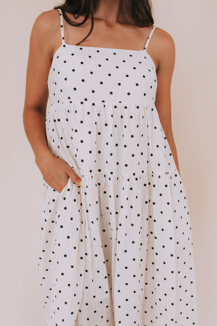 Cream midi/maxi dress with black polka dots. Tiers, pockets, lined, spaghetti straps
