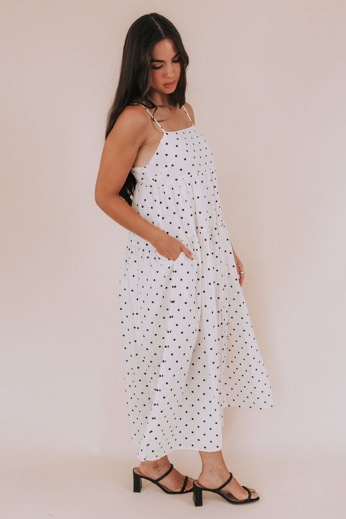 Cream midi/maxi dress with black polka dots. Tiers, pockets, lined, spaghetti straps