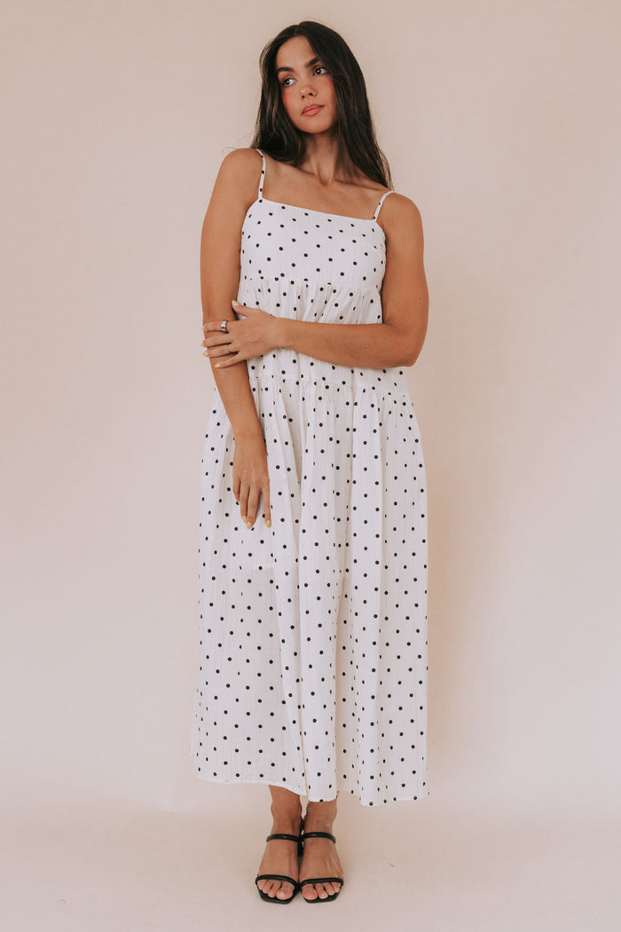 Cream midi/maxi dress with black polka dots. Tiers, pockets, lined, spaghetti straps