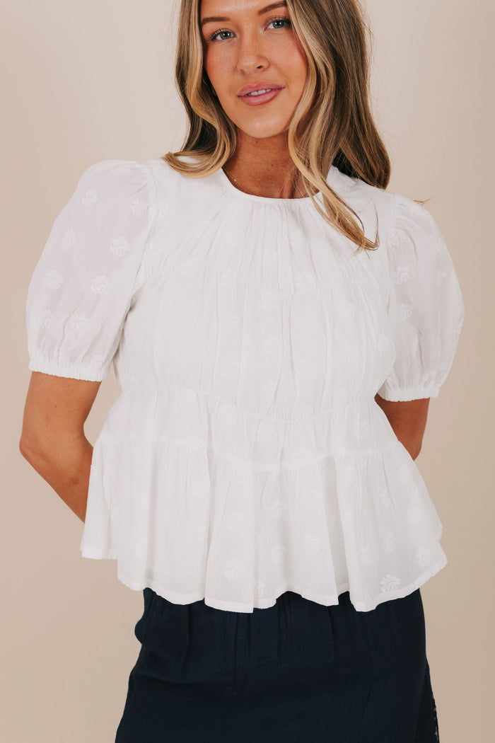 embroidered rose peplum tiered top detail