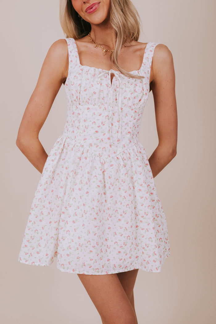 white eyelet floral print dress close up