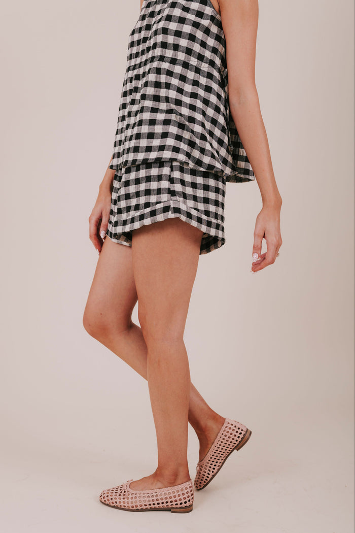 black gingham shorts side